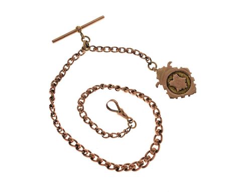 9ct rose gold graduated watch chain or Albert, 37.5cm long approx, with dog clip and T-bar and attached a 9ct gold medallion,