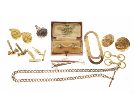 Assorted gentleman's dress jewellery, to include: cased pair of yellow metal (9ct) and mother-of-pearl collar studs; pair of 