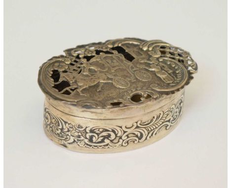 William Comyns - Edwardian silver box, perhaps a pot pourri, of cartouche form decorated with a wedding carriage scene, Londo