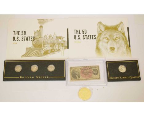 Collection of USA coins and banknotes: Buffalo nickel three-coin set; Standing Liberty Quarter; US Fractional Currency 25 cen