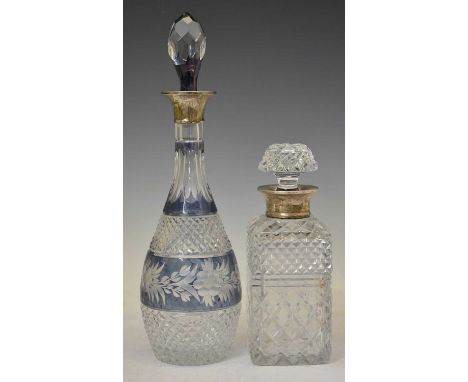 Elizabeth II cut glass decanter of square form with silver mount, sponsor's mark of Roberts &amp; Dore Ltd, London 1959, and 