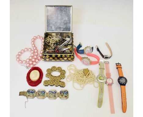 Collection of costume jewellery and various fashion watches including Swatch, faux pearls, enamel pansy brooch, etc