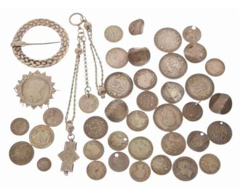 Assorted 19th century silver coinage to include George III, George IV, and Queen Victoria, together with a white metal bracel