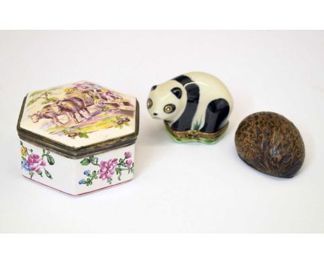 Three assorted trinket boxes, comprising: a 19th century porcelain box of hexagonal form decorated with figures and oxen duri