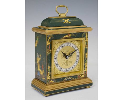 Elliott of London chinoiserie decorated mantel clock, the gilt dial with Roman chapter ring enclosed with winged mask spandre