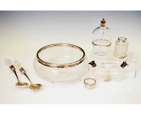Late Victorian silver and cut glass flask, Birmingham 1900/01, a George V silver mounted double oil and vinegar bottle, and a
