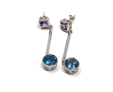 9ct white gold amethyst &amp; topaz drop earrings 9.5g 