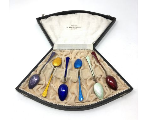 Continental silver &amp; enamel tea spoons boxed minor wear to 1 spoon as shown 