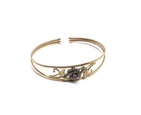 9ct gold amethyst &amp; diamond bangle 6.6g 