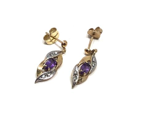 9ct gold vintage amethyst &amp; diamond drop earrings 