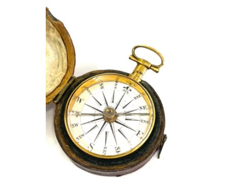 Georgian gilt pocket compass in its original moroccan red leather case 