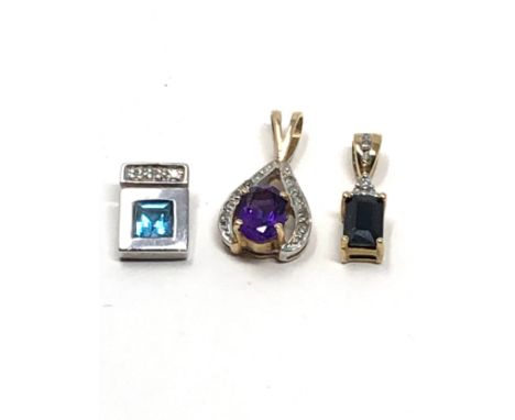 3 x 9ct gold pendants inc. diamond, amethyst, topaz, synthetic sapphire 2.8g 