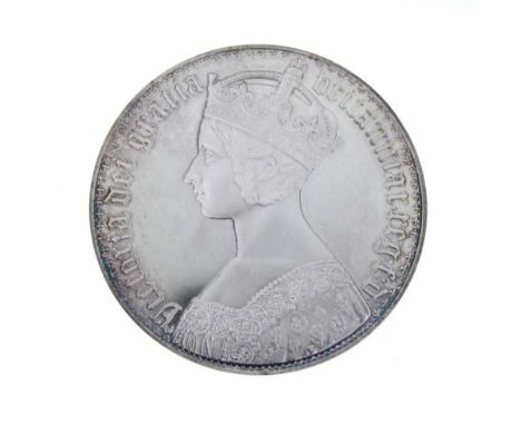 Large unmarked silver proof copy of a Victorian Gothic crown, 86mm diameter, 392g approx, in blue presentation case