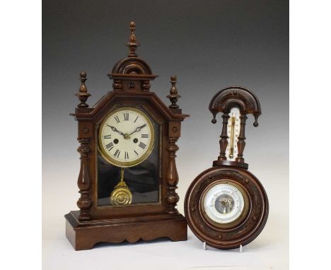 American mantel clock, 47cm high, and an aneroid barometer with thermometer, (2)