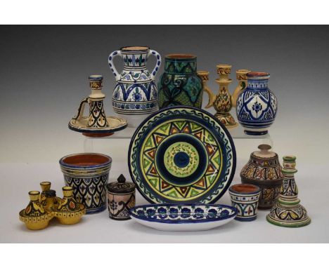 Quantity of Syrian, other Middle Eastern and North African pottery, to include turquoise ground vase marked 'Safi', 18.5cm hi