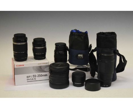Quantity of Canon and other camera lenses to include EFS 55-250mm (boxed), EFS 18-55mm, 'Life-size Converter EF', Sigma Hoya 