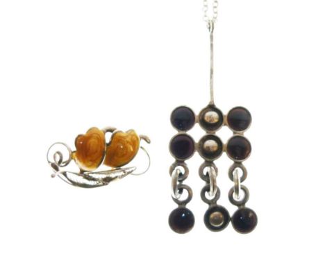 Danish metal pendant, Lysgards design, 9cm high, with belcher-link chain, together with an enamel brooch