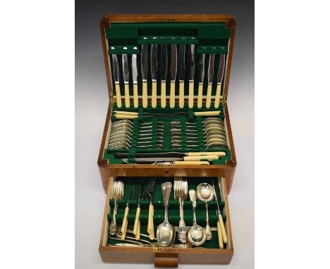 Art Deco oak-cased eight setting canteen of silver-plated flatware, Hamilton &amp; Inches