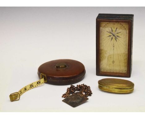 Rectangular table-top compass box (19cm wide), together with a Chesterman tape measure, 18th Century brass tobacco box and co