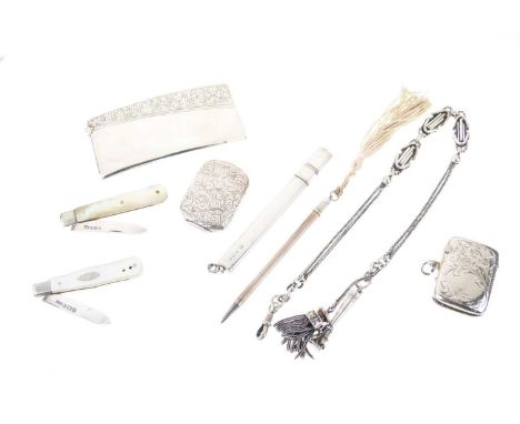 Victorian silver card case, Birmingham 1898, and two vesta cases, 75g approx, together with two mother-of-pearl folding penkn