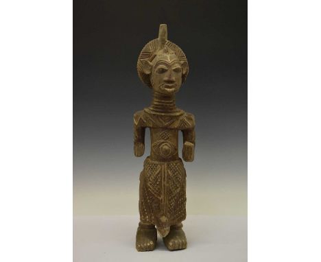 Ethnographica - African tribal power figure, Bena Lulua, Congo, modelled with headdress, neck rings and ceremonial dress, hol