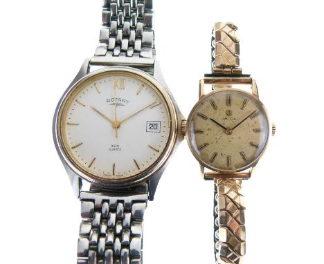 Omega - Lady's 9ct gold case back manual wind wristwatch, champagne dial with gilt baton hour markers, signed crown, 23mm dia