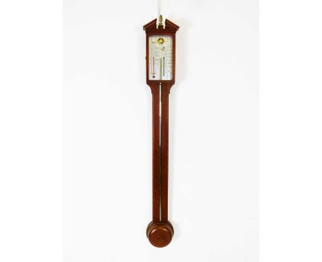 Reproduction mahogany stick barometer with silvered scale and vernier, 96cm high