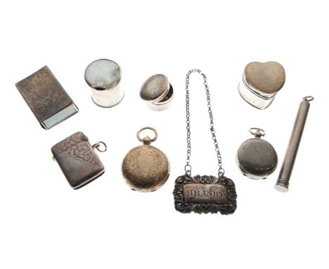Edwardian silver heart shaped pill box, Birmingham 1904, together with a quantity of silver vesta cases, pill boxes etc, 163g