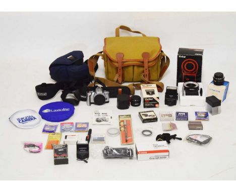 Billingham camera carry bag, together with a Canon EOS 300 V camera, and a quantity of camera accessories to include lens cap