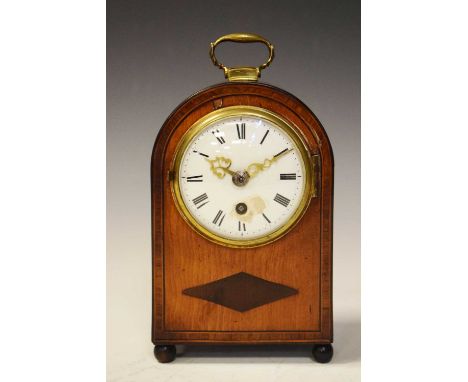 Small early 19th Century French inlaid mantel clock, with 3-inch convex Roman dial, single-train timepiece movement with shou