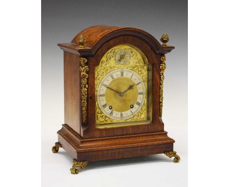 Winterhalder &amp; Hofmeier - Early 20th Century German oak-cased bracket clock, the break-arched dial with silvered chapter 