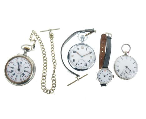 Assorted pocket and other watches, comprising Swiss silver wrist watch, white dial with red XII, grey leather strap, pocket w