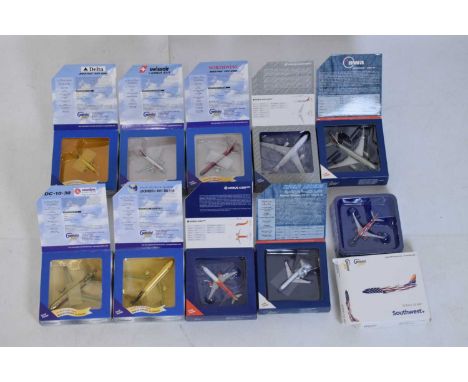 Gemini Jets - Ten boxed 1:400 scale model planes to include Airbus A319 'Swissair', Boeing 737-200 'Delta', DC-10-30 'Hawaiia