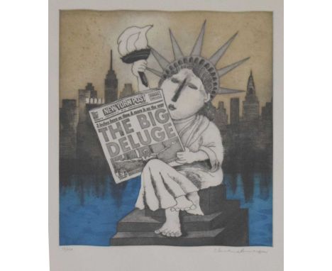 Christine Amarger (b.1935) - New York Post - The Big Deluge, limited edition print, 58/150, 45cm x 37cm, framed and glazed