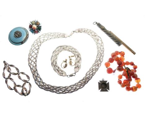 Assorted costume jewellery and effects, including approx 117g assorted silver jewellery, propelling pencil barrel, lava cameo