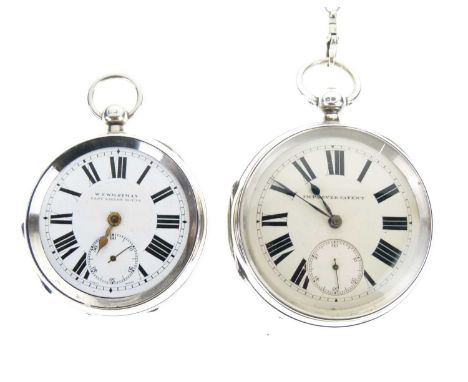 Late Victorian silver cased open face pocket watch, white Roman dial with blued steel hands and subsidiary seconds dial, Ches