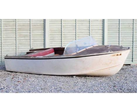 'Emjaye' - White fibreglass hull boat, 120cm wide x 370cm long, with detachable West Bend 25 horsepower petrol engine
