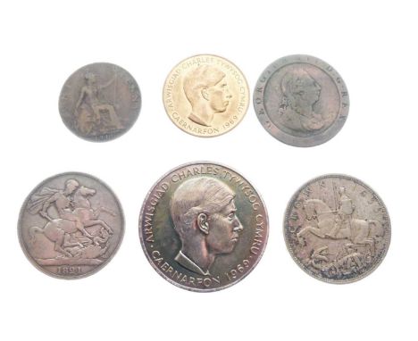 Quantity of coins to include George III crown 1821, Charles Prince of Wales silver medallion, etc