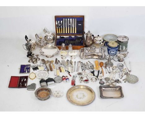 Large quantity of silver plate to include Wedgwood barrels, teapots, entrée dish, canteen of cutlery etc