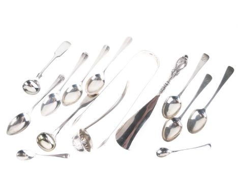 Pair of Georgian silver sugar tongs together with a quantity of silver salt spoons, teaspoons etc,123g approx and silver hand