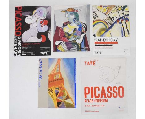 Five art exhibition posters; Picasso - Musee Picasso Paris, Tate Britain, and Tate Liverpool, Robert Delaunay - Centre George