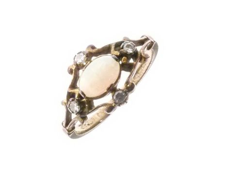 9ct gold ring centrally set an oval opal cabochon and four single cut diamonds, size L approx, 2g gross approx