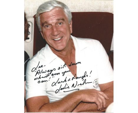 Leslie Nielsen signed 10 x 8 colour Naked Gun Portrait Photo, from in person collection autographed at Autographica Birmingh