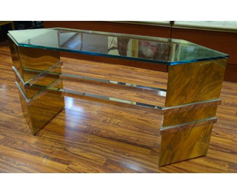 Modern Stainless Steel Brass and Glass Console Table in The Style of Karl Springer. Very Heavy Glass Top with Double Trestle 