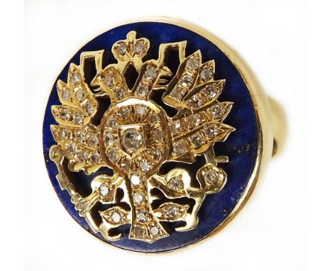 Russian 18 Karat Yellow Gold, Lapis Lazuli and Diamond Crest Ring. Signed 18K. Good Condition with a Minor Loss to Edge. Ring