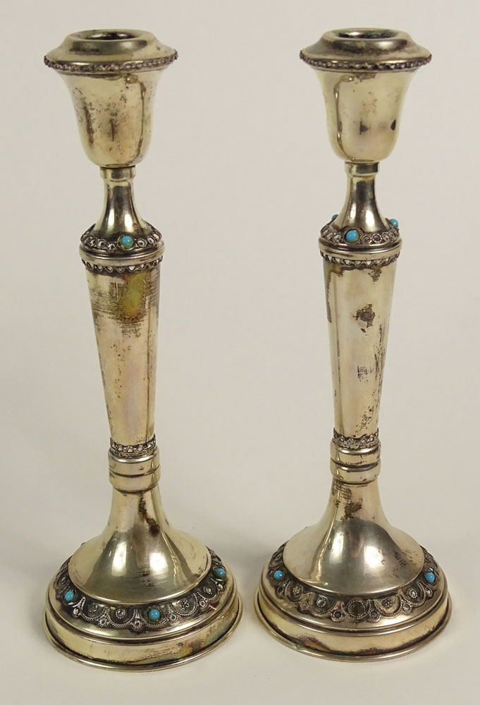 Pair of Vintage Israeli Sterling Silver Judaica Candlesticks. Set with