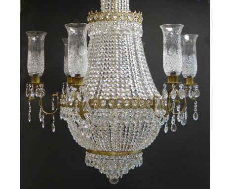 Large 20th Century Louis XVI Balloon style Crystal Chandelier with Six (6) Protruding Arms with Cut Glass Chimney Shades. Uns