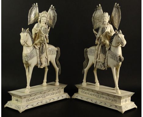 Pair of Chinese Cultural Revolution Carved and Inked Ivory Emperor and Empress on Horseback Figures. Unsigned. Signed to Base