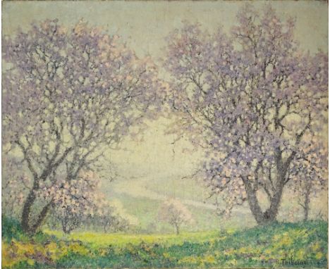 Raymond Thibesart, French (1874-1968) Oil on Canvas "Apple Blossoms in Bloom" Signed R. Thibesart Lower Right. Inscribed and 