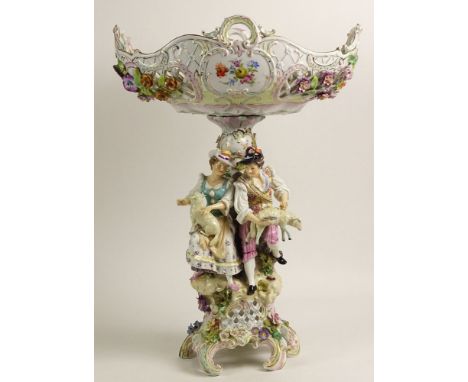 Impressive Large Meissen Style Porcelain Figural Group Centerpiece. Decorated with a Man and Woman with Lambs, Flowers etc. T